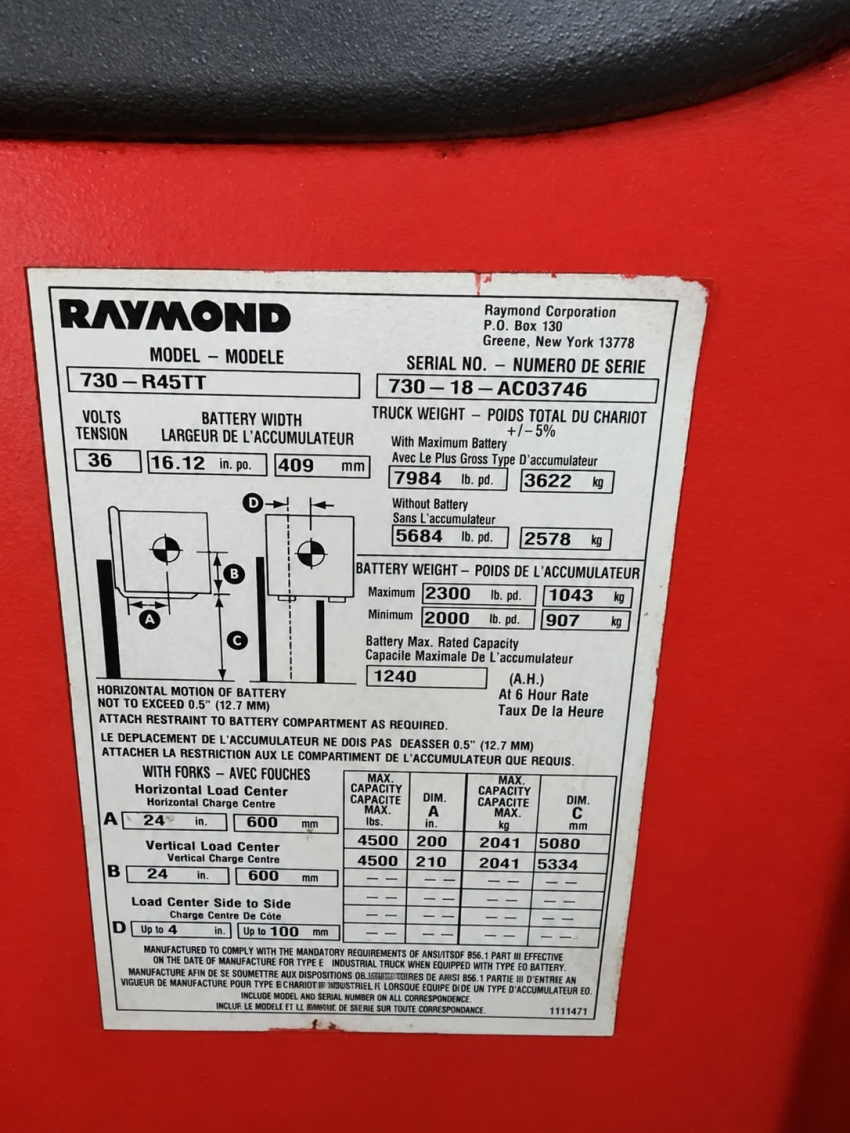 2018 Raymond 4,500 lbs.Reach Truck - 3-Stage Mast w/ Side-Shifter   - 123Forklift