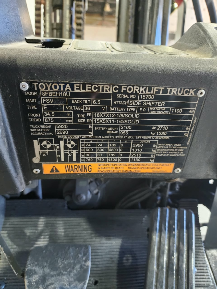 2018 Toyota Electric with 3,500lb Cap. 3-stage Mast with Side-shifter - 123Forklift