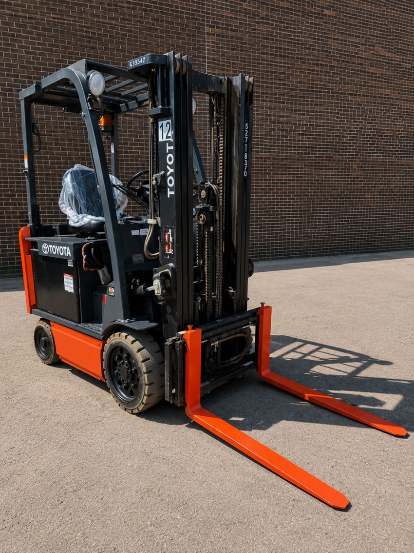 Toyota Electric 4 Wheeler Forklift with 5,000lb Capacity. 3-stage Mast with Side-shift