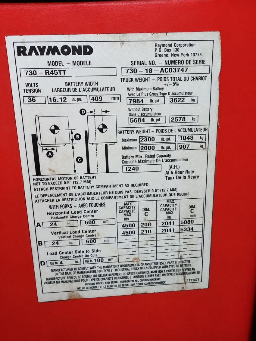 2018 Raymond 4,500lb Reach Truck - 3-Stage Mast with Side-Shifter   - 123Forklift