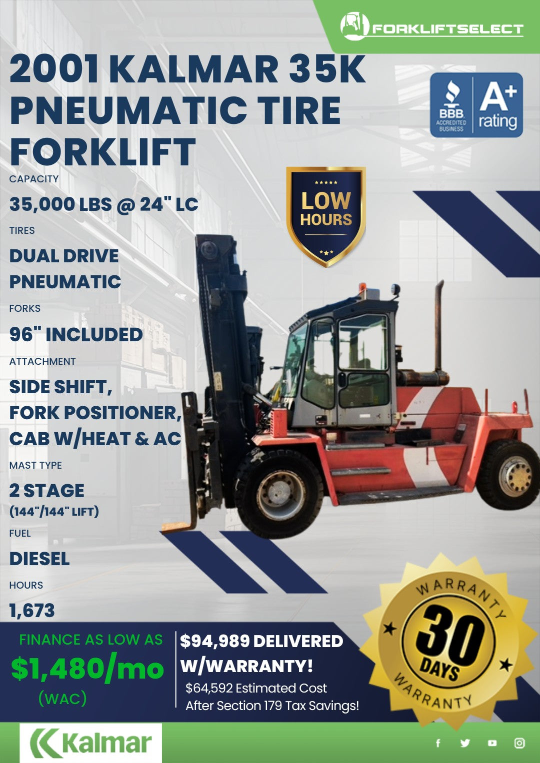 2001 Kalmar 35K Pneumatic Tire Fork...