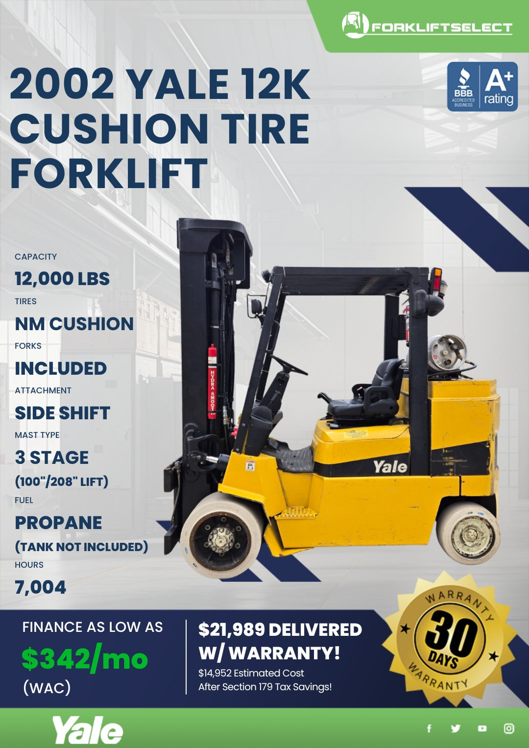 2002 Yale 12K Cushion Tire Forklift...