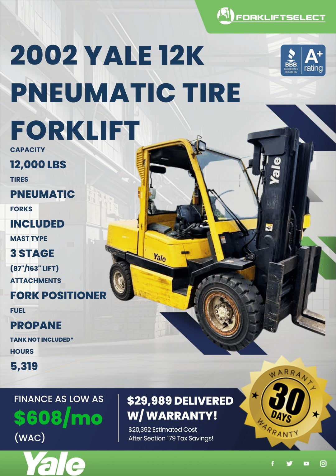 2002 Yale 12K Pneumatic Tire Forkli...