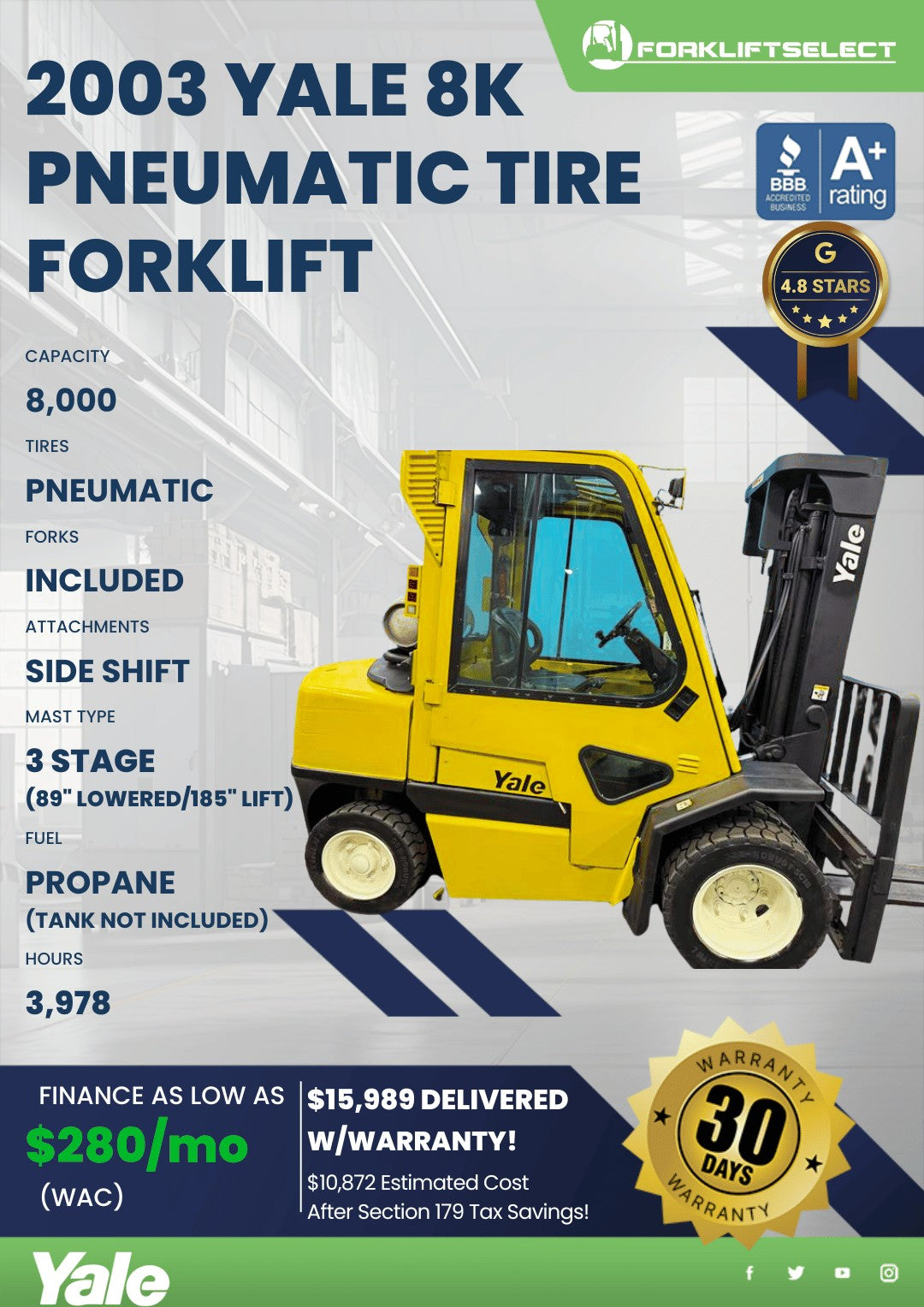 2003 Yale 8K Pneumatic Tire Forklif...