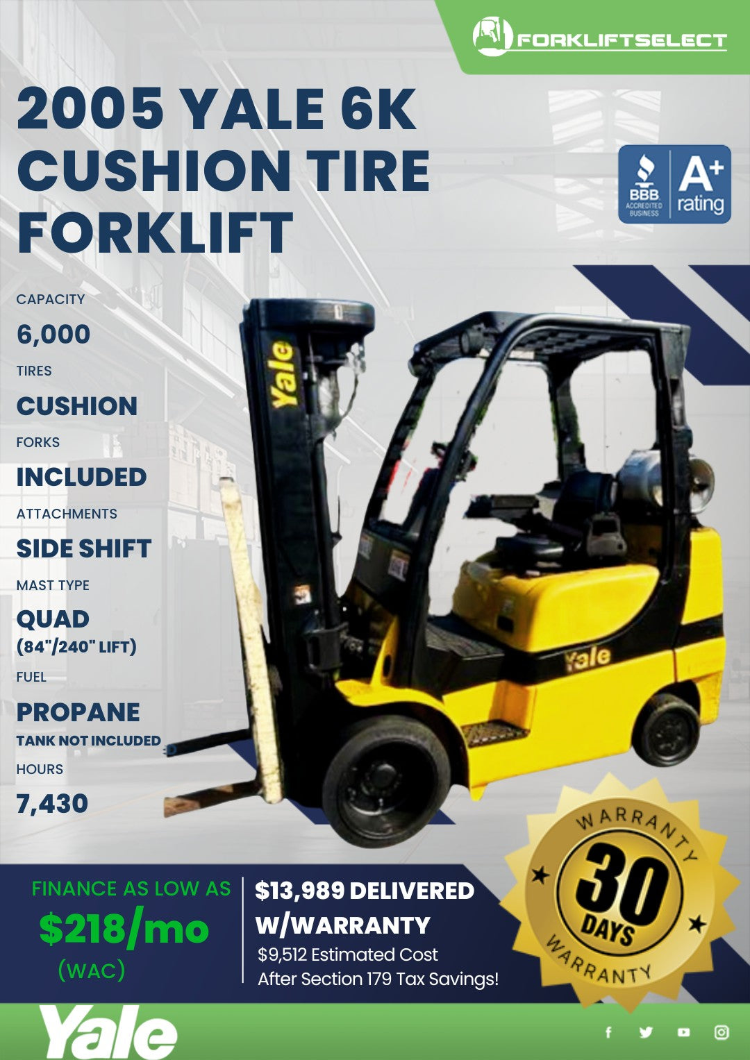 2005 Yale 6K Cushion Tire Forklift