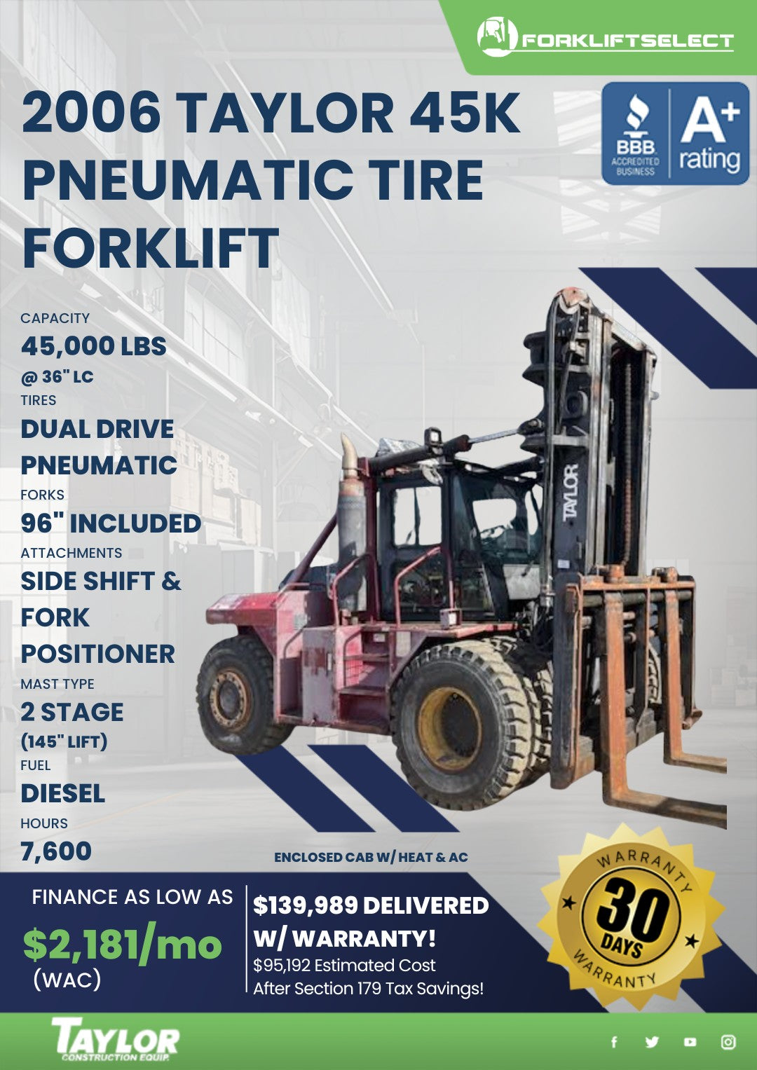 2006 Taylor 45K Pneumatic Tire Fork...