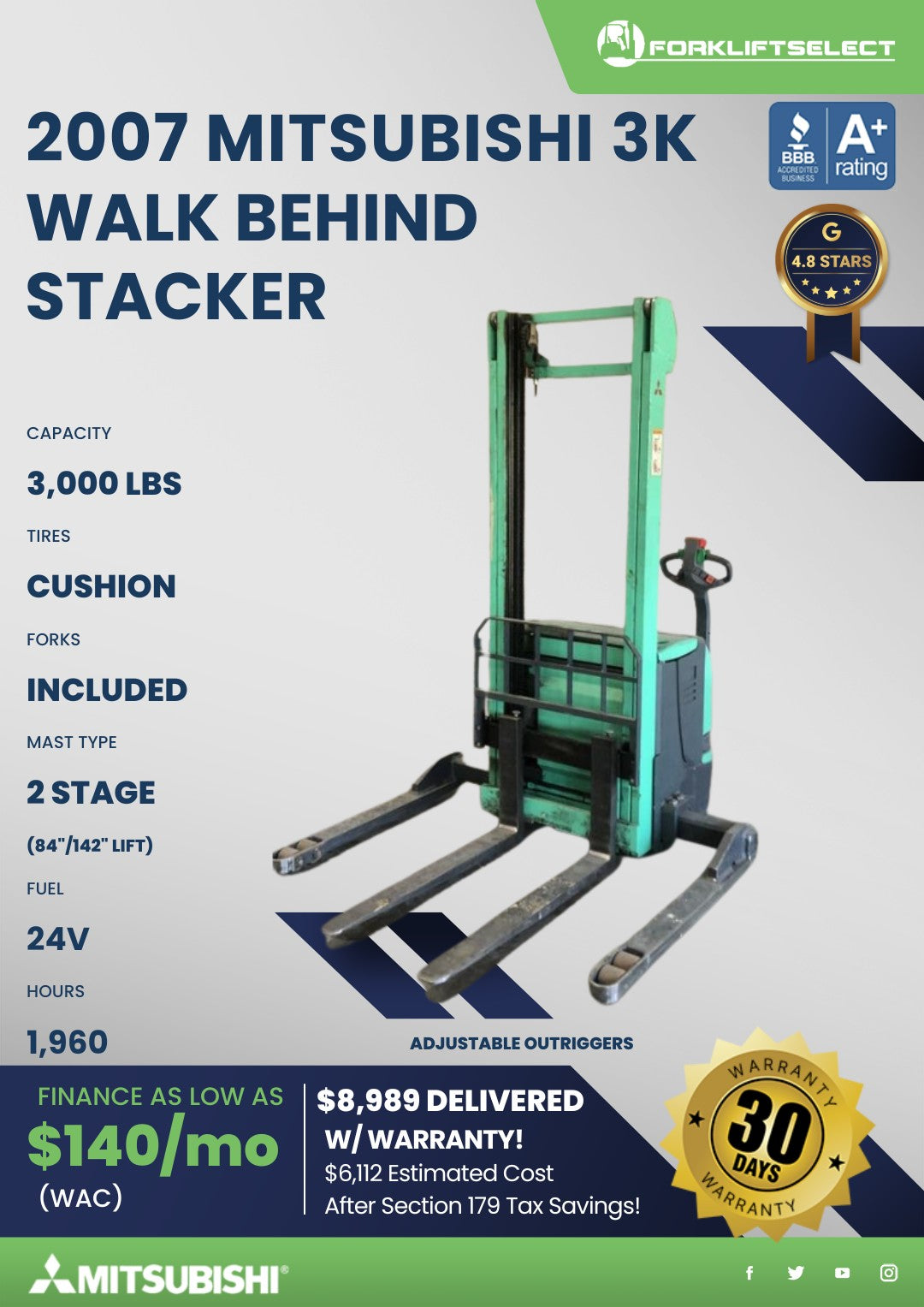 2007 Mitsubishi 3K Cushion Tire Walk Behind Stacker