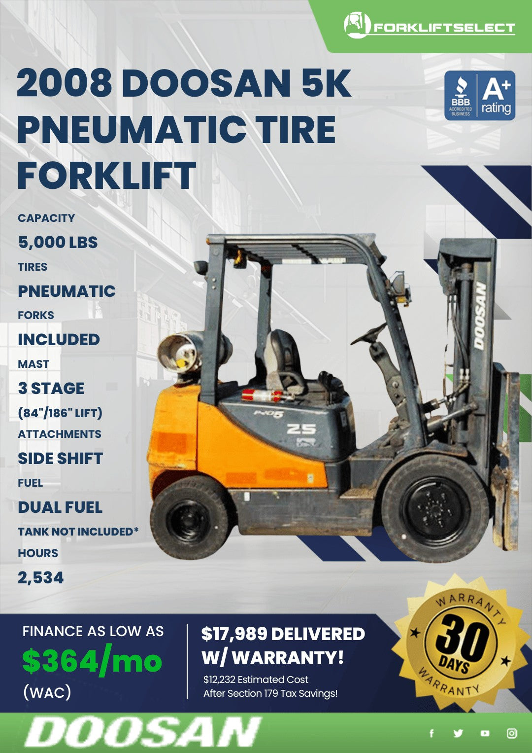 2008 Doosan 5K Pneumatic Tire Forkl...