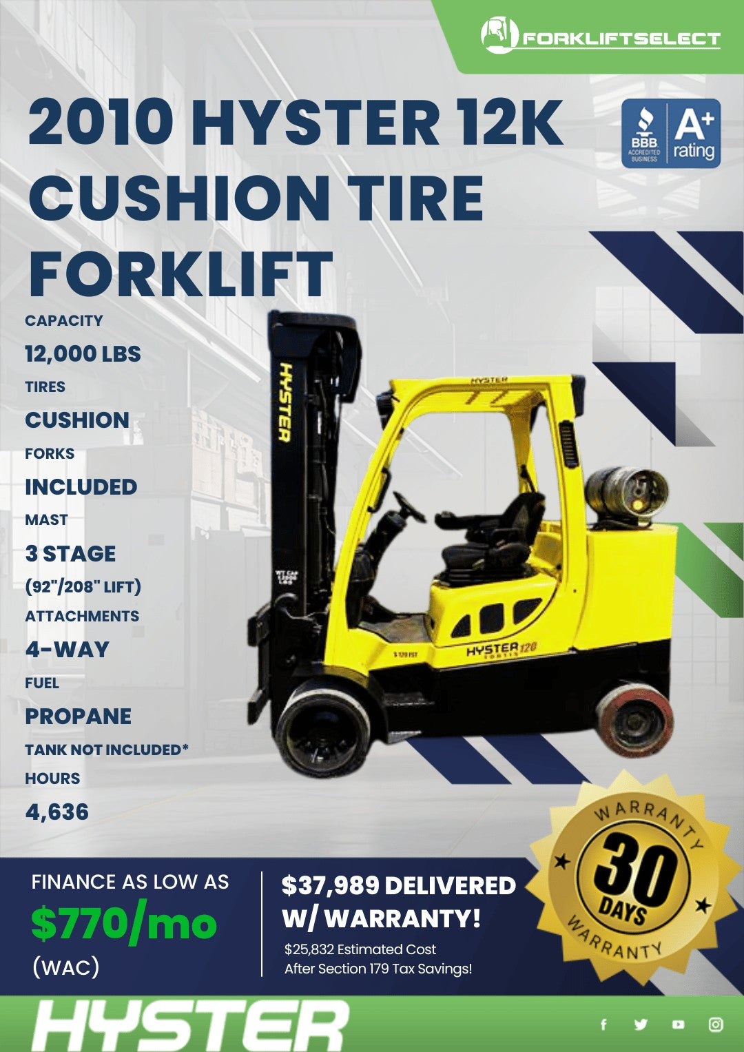 2010 Hyster 12K Cushion Tire Forkli...