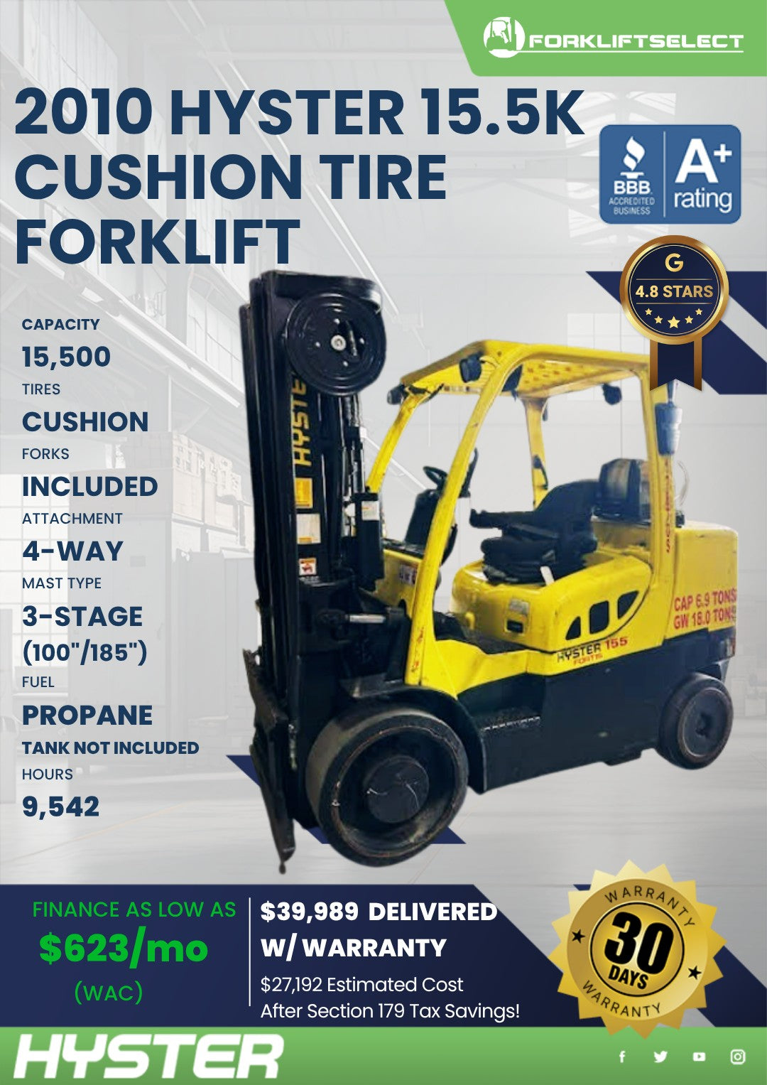 2010 Hyster 15.5K Cushion Tire Fork...