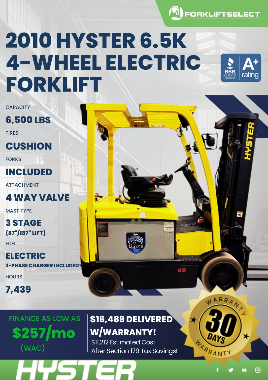 2010.0 Hyster 6.5K Cushion Tire For...