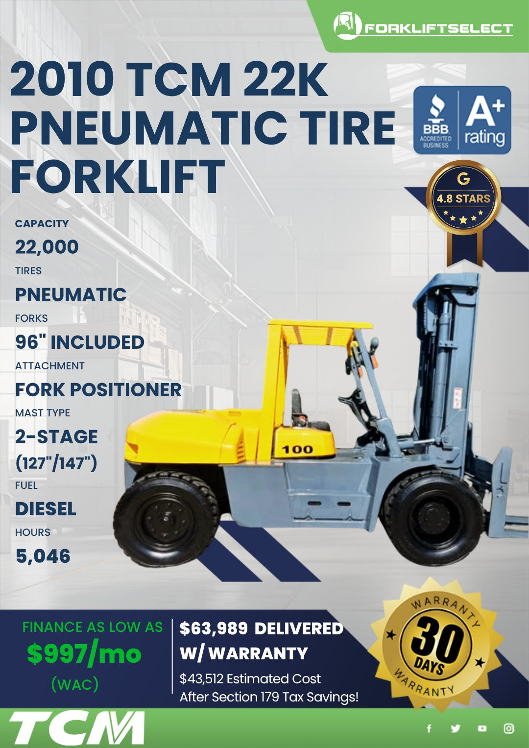 2010 TCM 22K Pneumatic Tire Forklif...