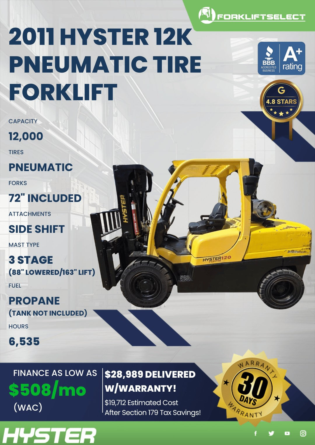2011 Hyster 12K Pneumatic Tire Fork...