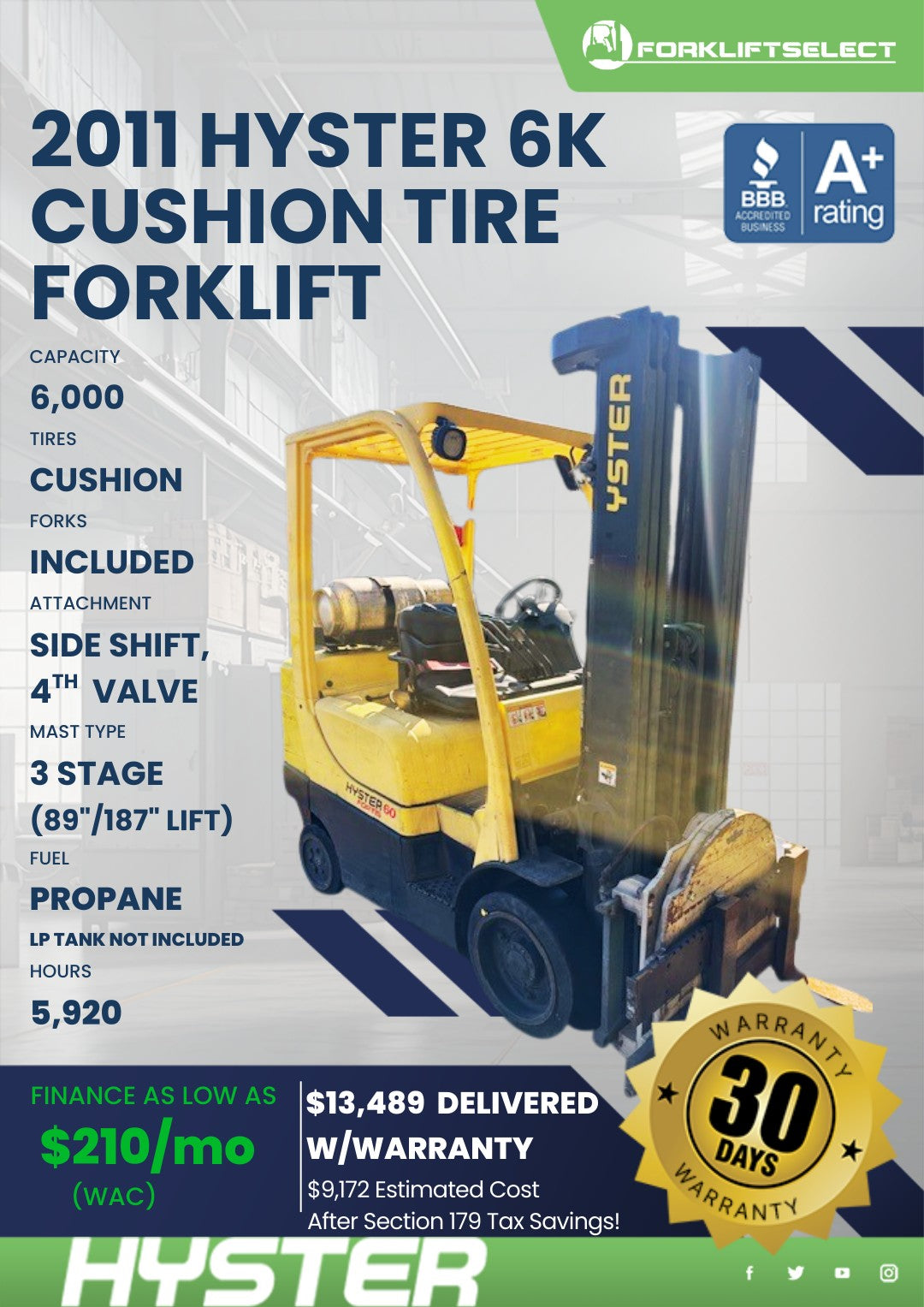 2011.0 Hyster 6K Cushion Tire Forkl...