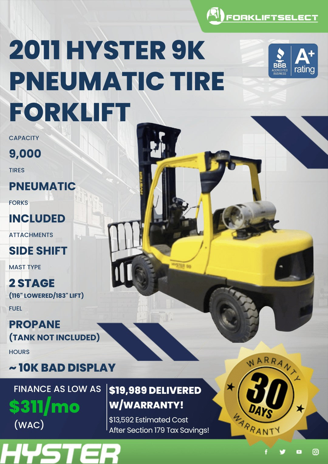 2011 Hyster 9K Pneumatic Tire Forkl...