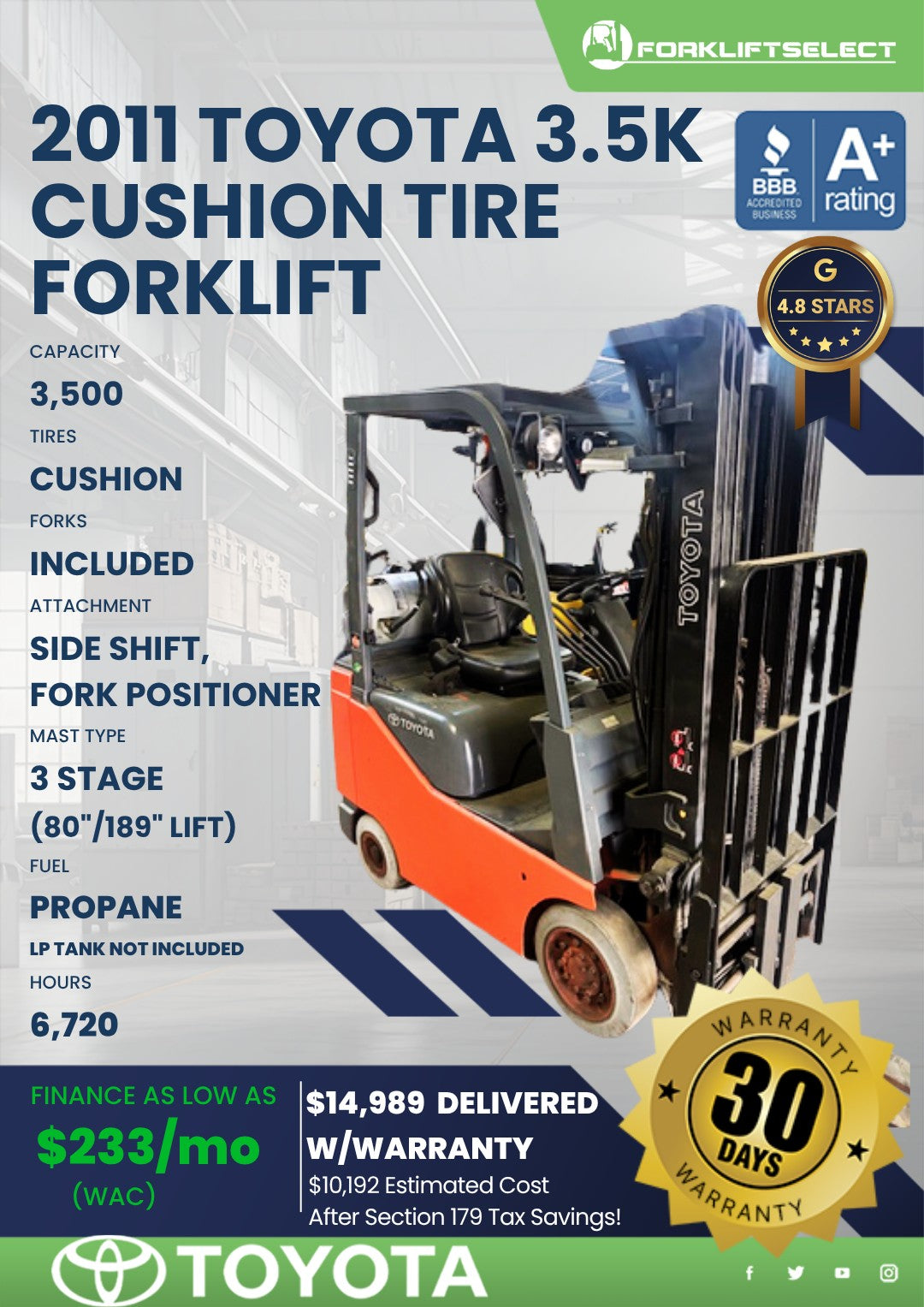 2011 Toyota 3.5K Cushion Tire Forkl...