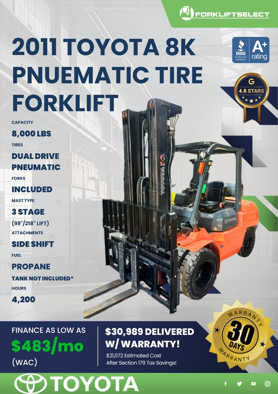 2011 Toyota 8K Pneumatic Tire Forklift