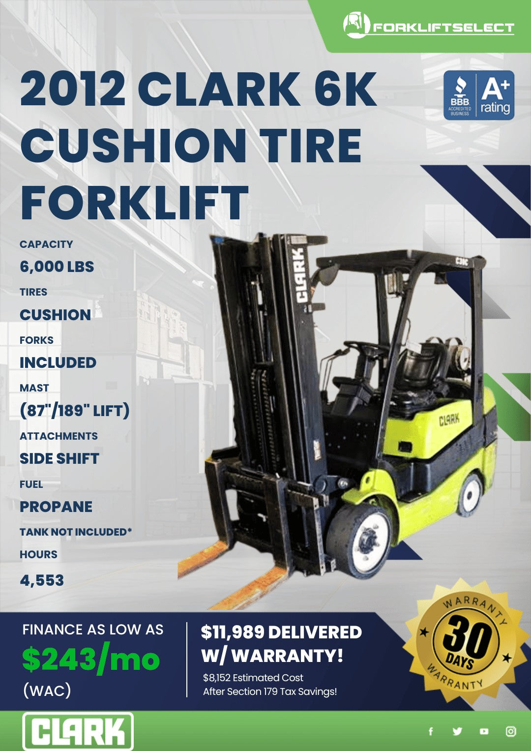 2012 Clark 6K Cushion Tire Forklift...
