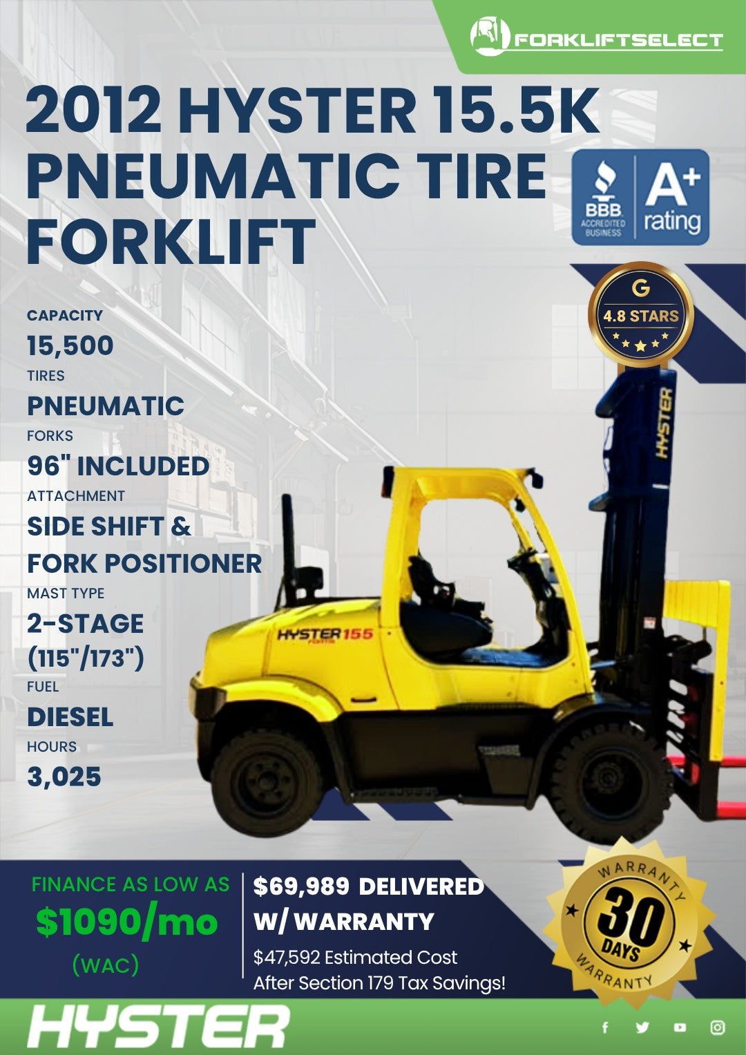 2012 Hyster 15.5K Pneumatic Tire Fo...