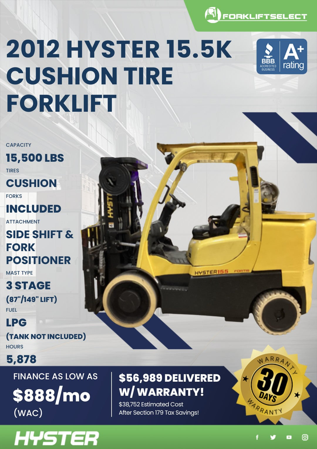 2012.0 Hyster 15.5K Cushion Tire Fo...