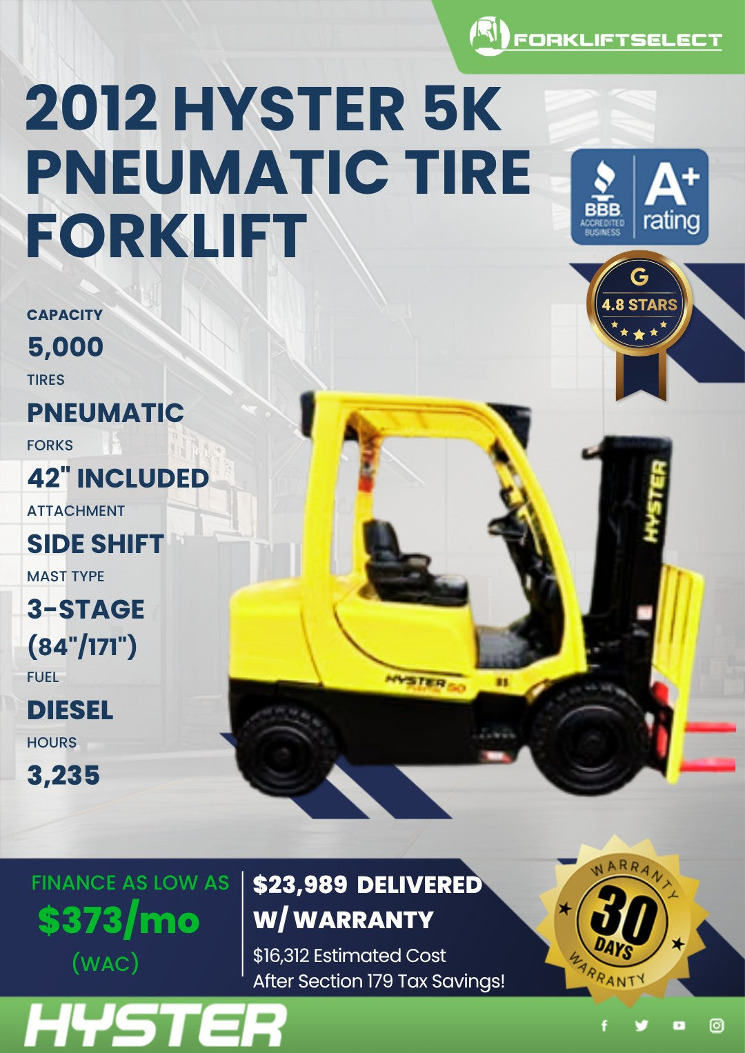 2012 Hyster 5K Pneumatic Tire Forkl...