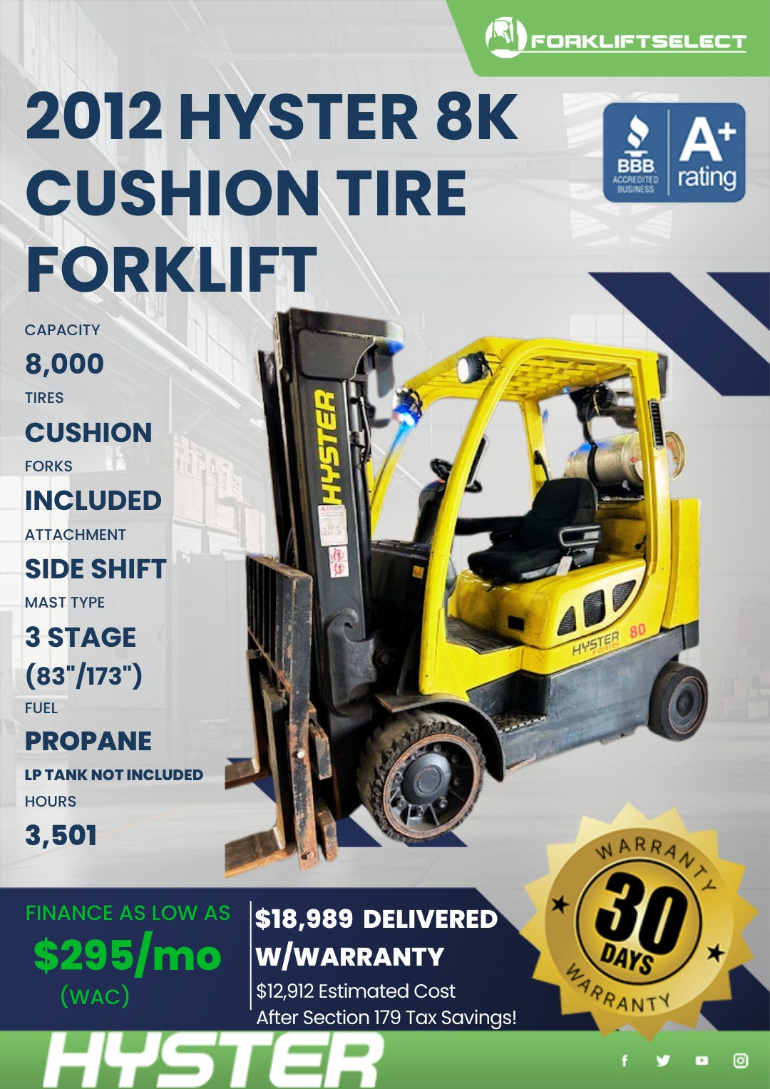 2012.0 Hyster 8K Cushion Tire Forkl...