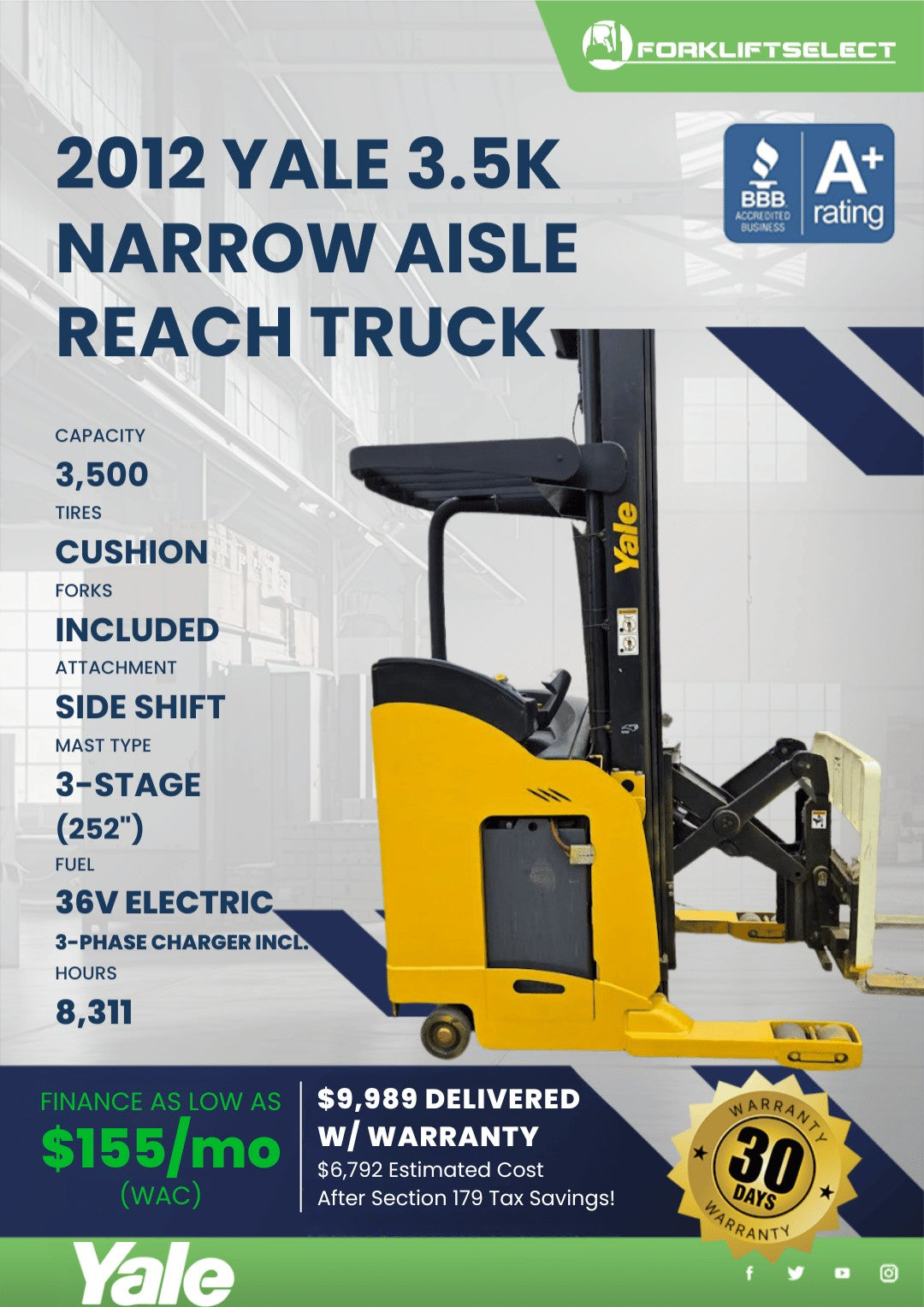 2012 Yale 3.5K Narrow Aisle Reach T...