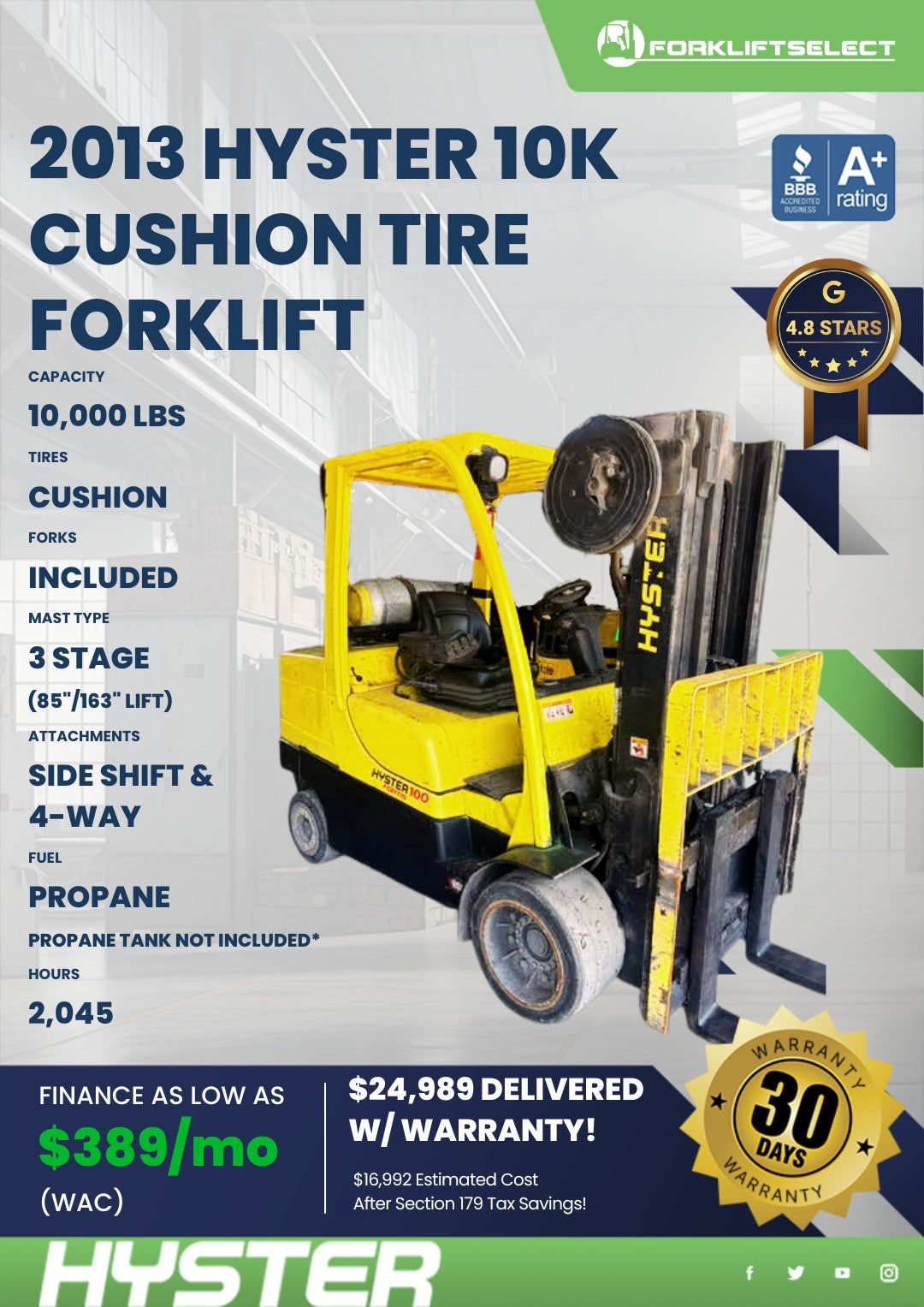 2013 Hyster 10K Cushion Tire Forkli...