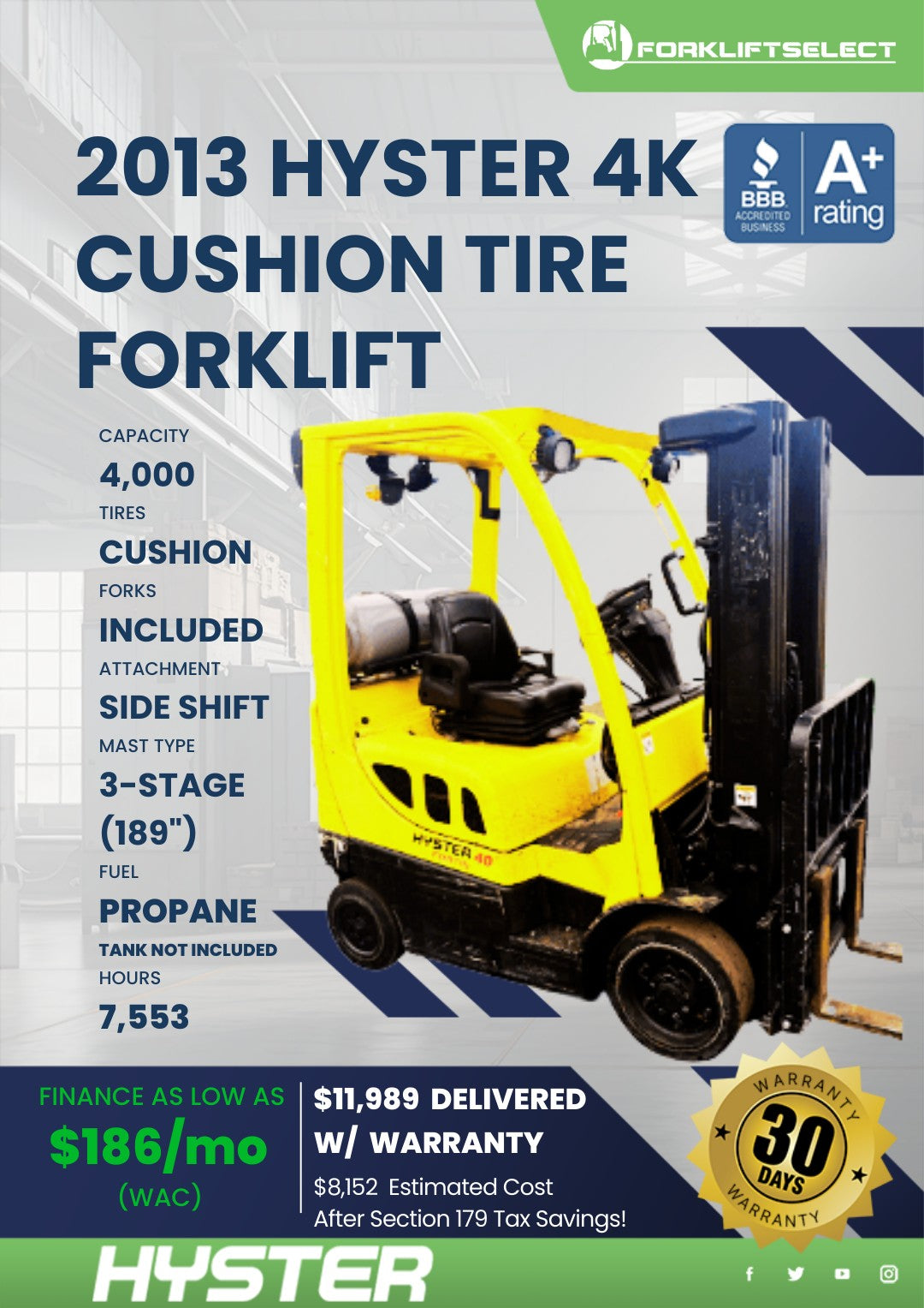 2013 Hyster 4K Cushion Tire Forklif...