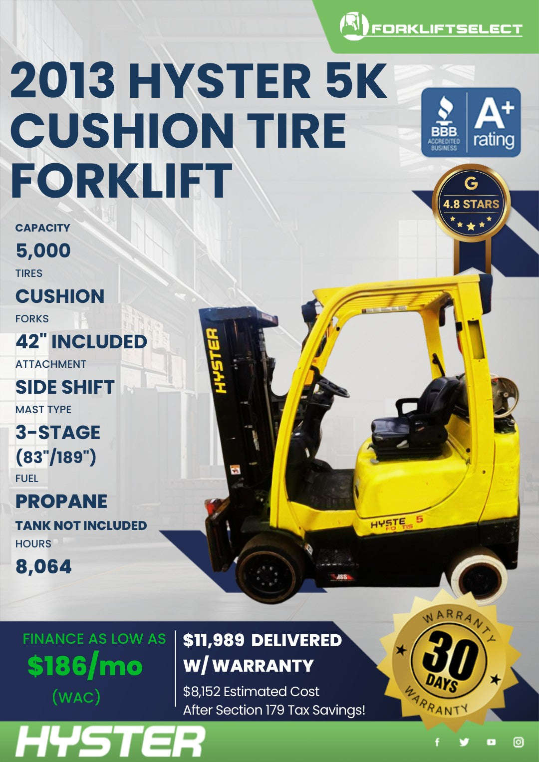 2013.0 Hyster 5K Cushion Tire Forkl...