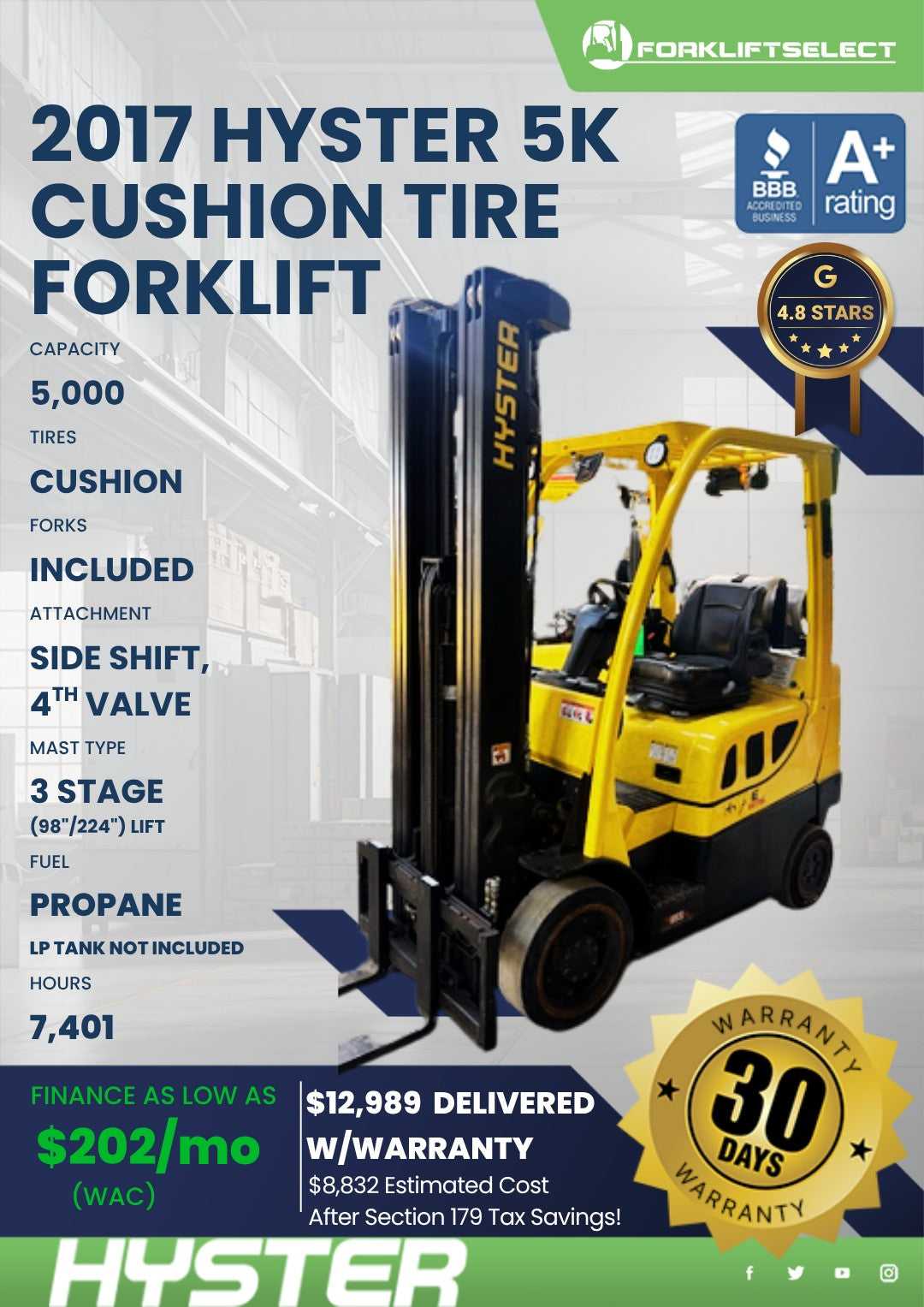 2017 Hyster 5K Cushion Tire Forklif...