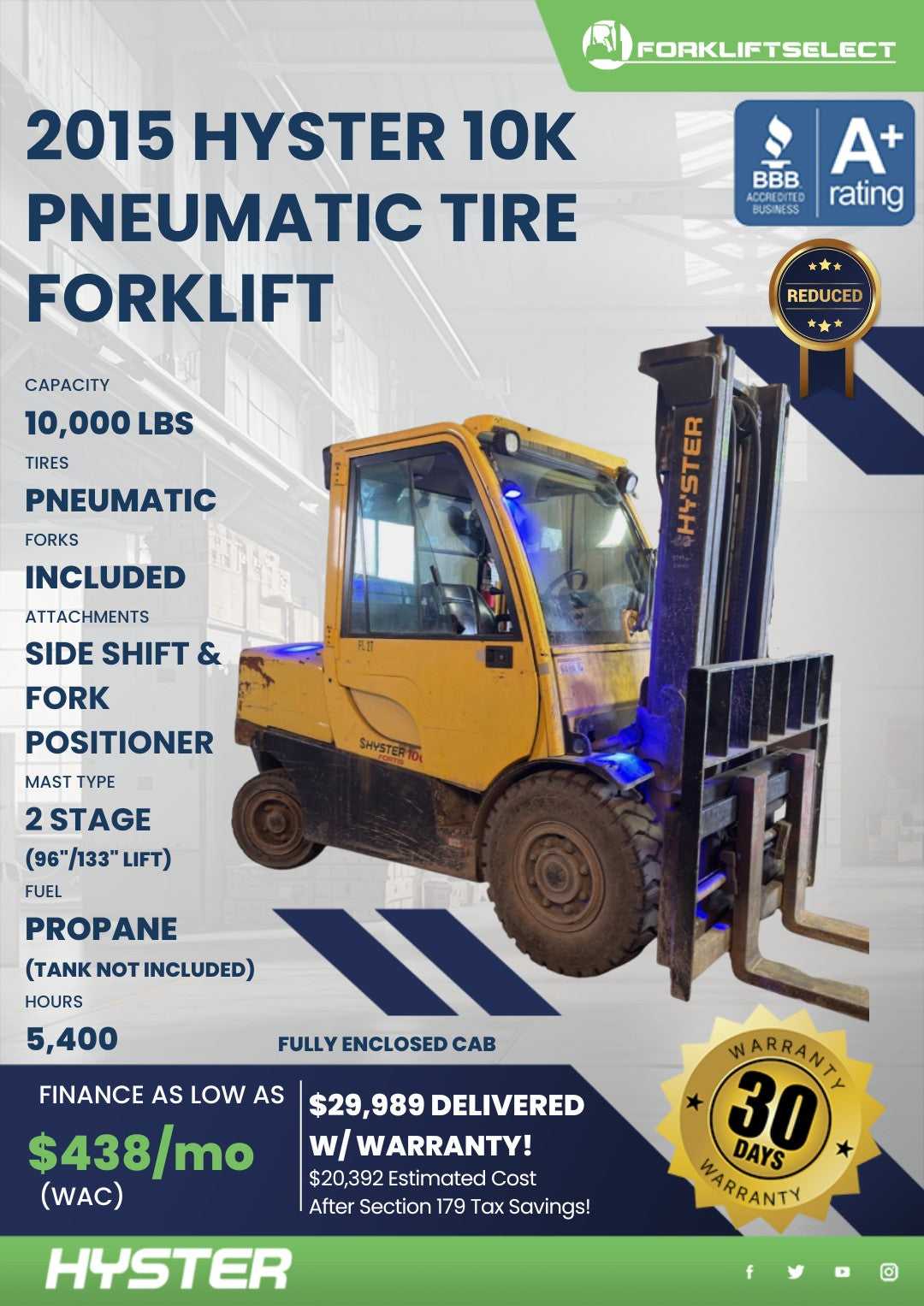 2015 Hyster 10K Pneumatic Tire Fork...