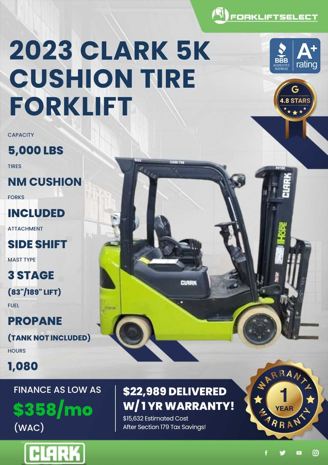 2023 Clark 5K Cushion Tire Forklift...