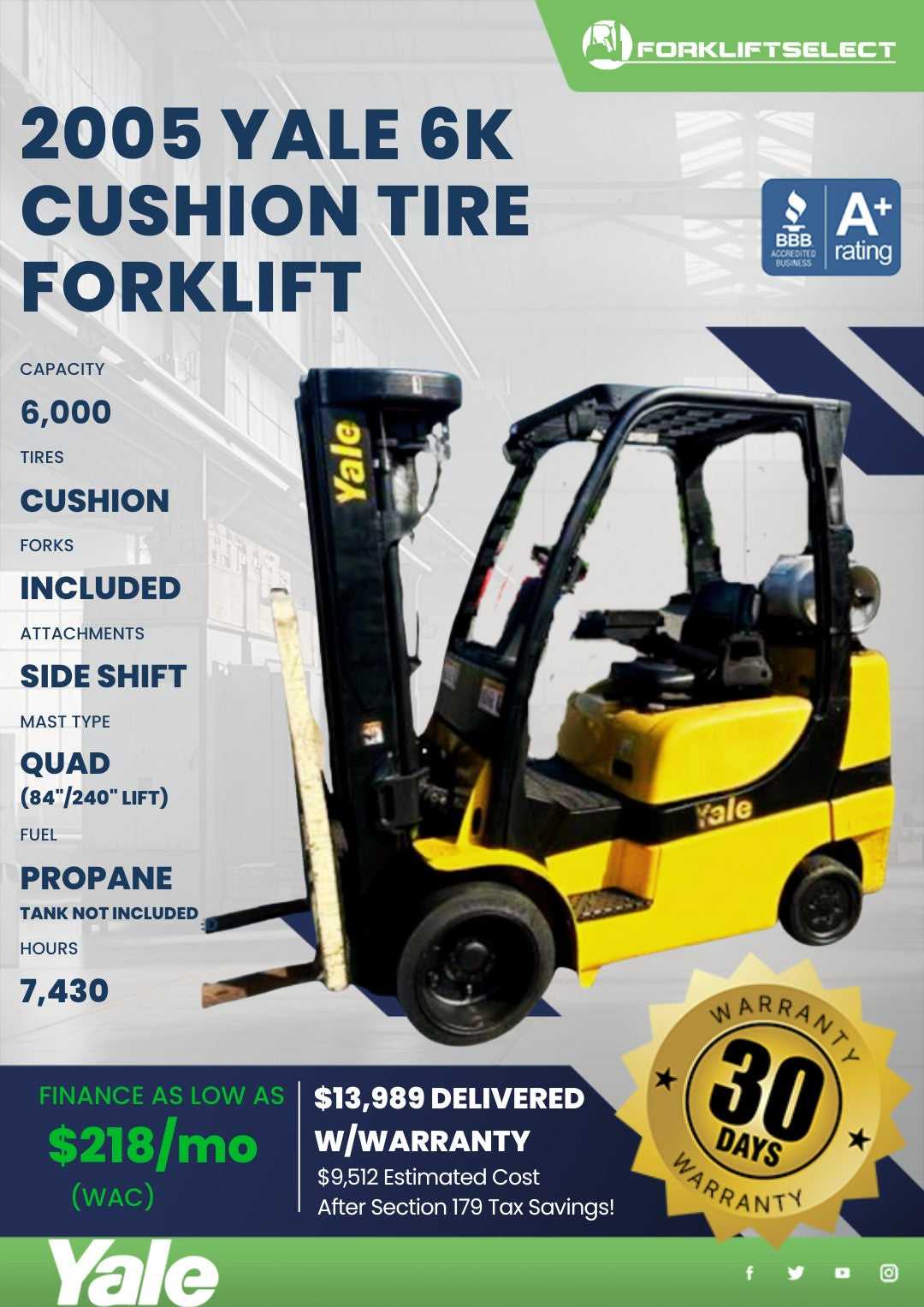 2005 Yale 6K Cushion Tire Forklift