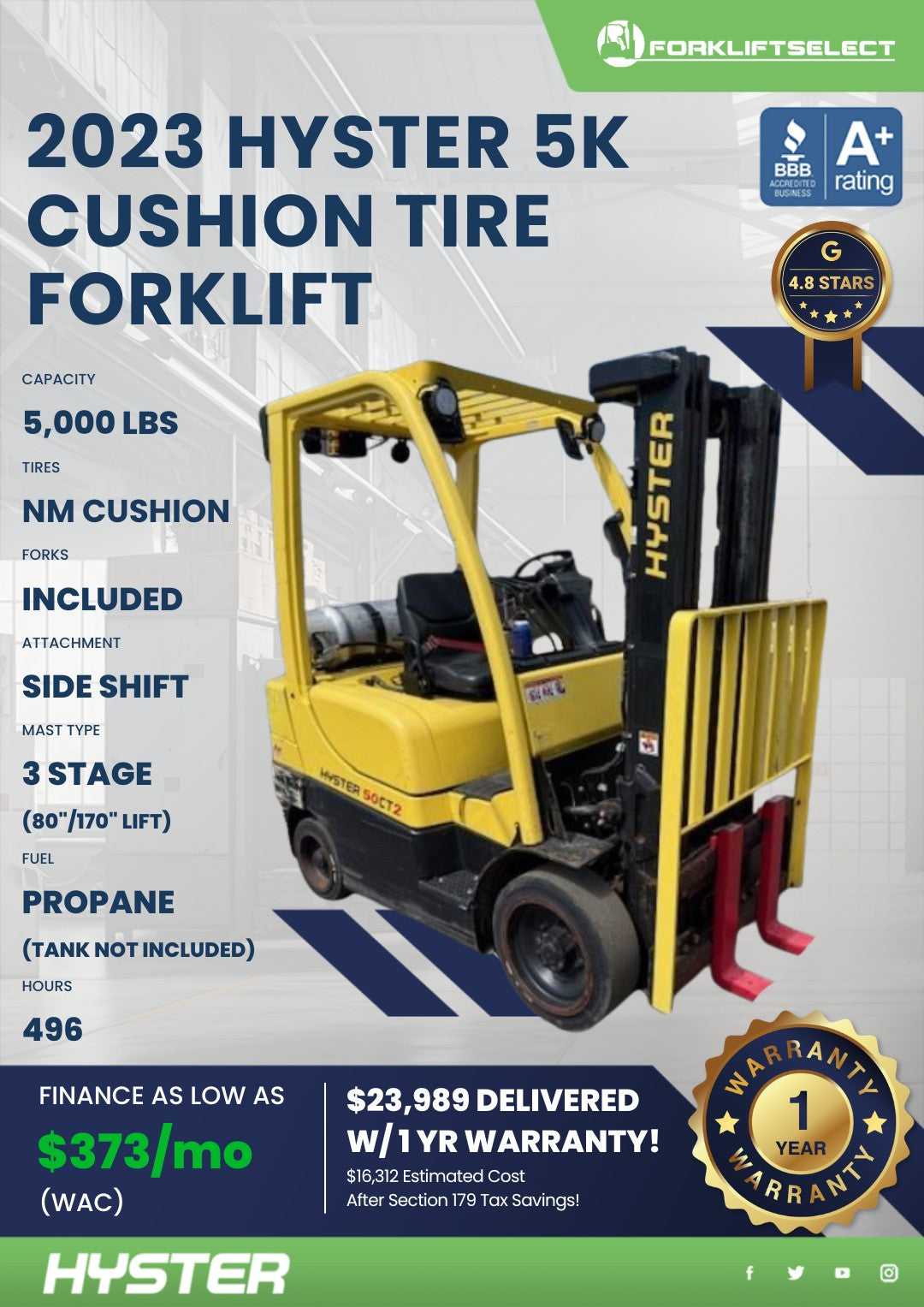 2023 Hyster 5K Cushion Tire Forklif...