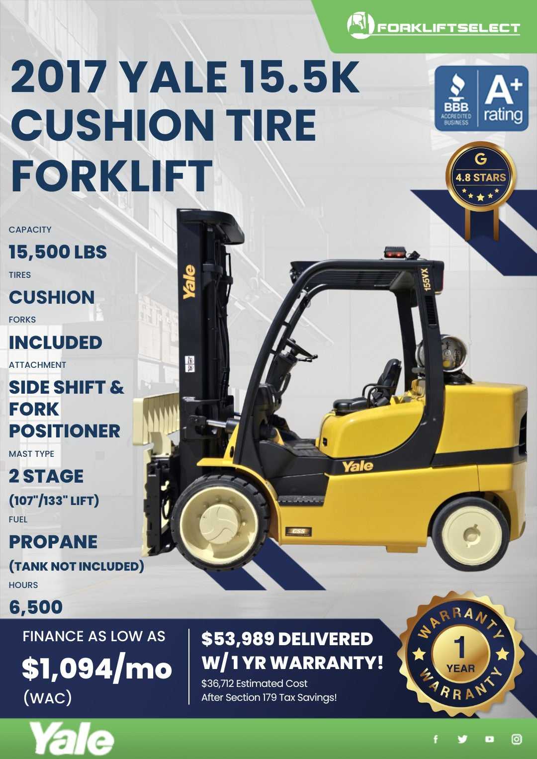 2017 Yale 15.5K Cushion Tire Forkli...