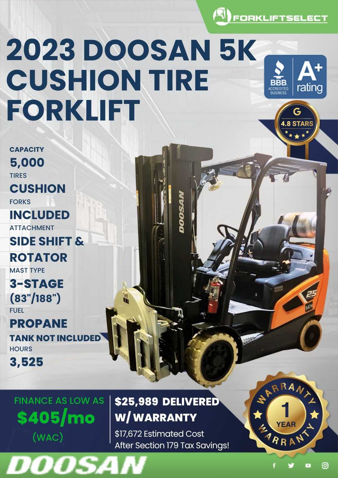 2023 Doosan 5K Cushion Tire Forklif...