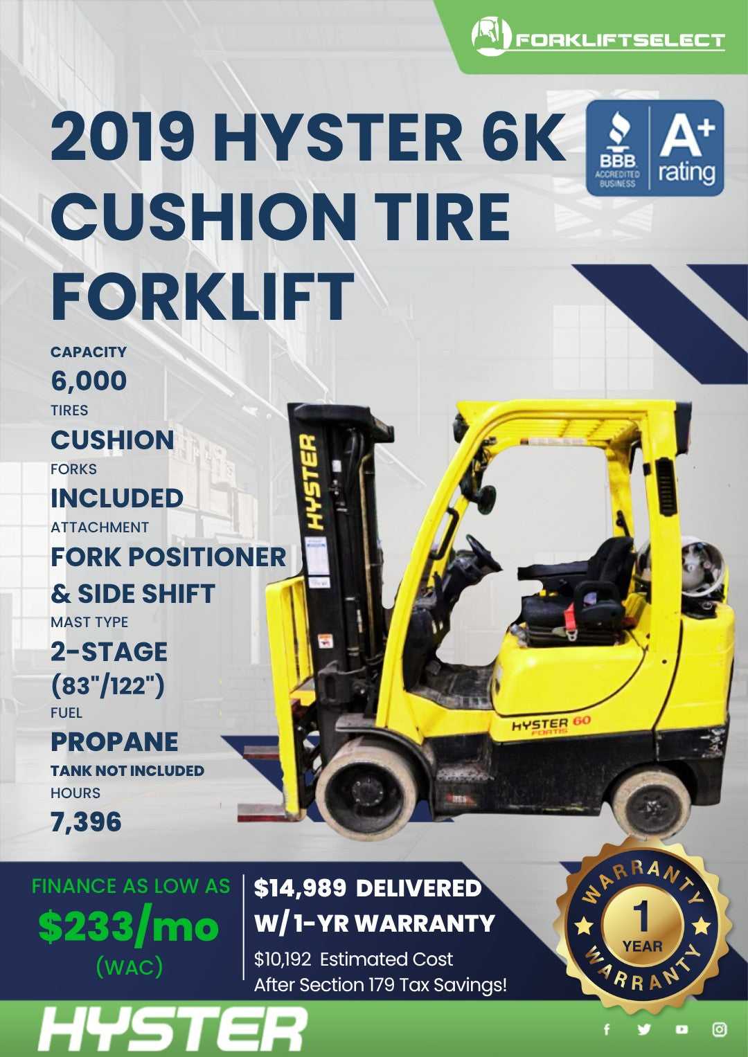 2019 Hyster 6K Cushion Tire Forklif...