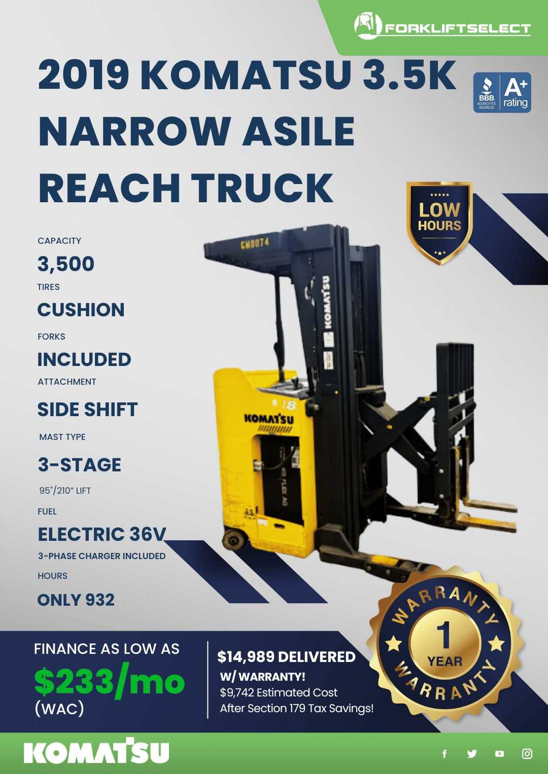 2019 Komatsu 3.5K Cushion Tire Forklift