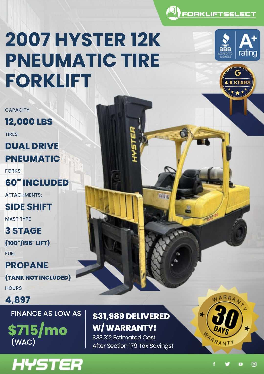 2007 Hyster 12K Pneumatic Tire Fork...