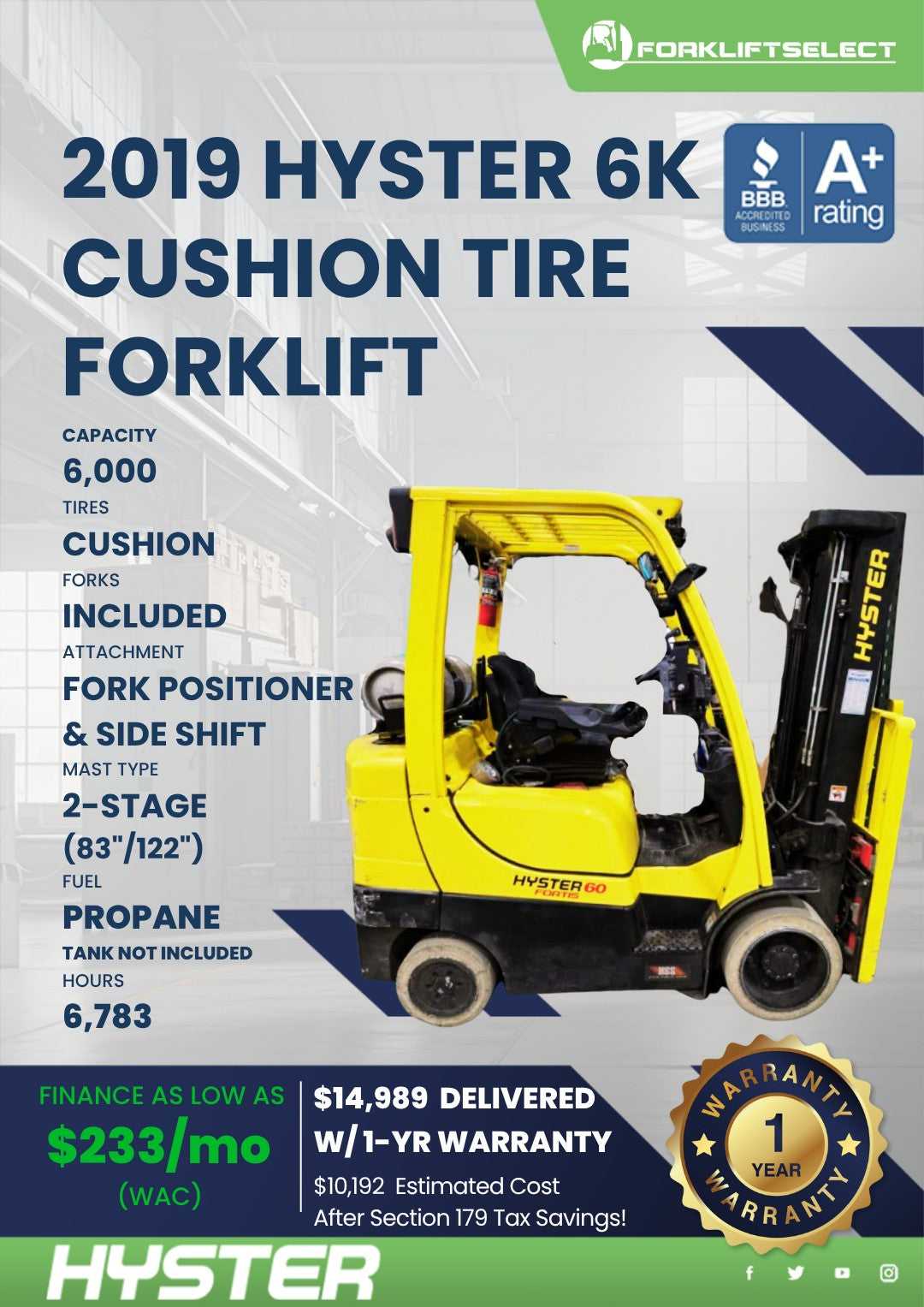 2019 Hyster 6K Cushion Tire Forklif...