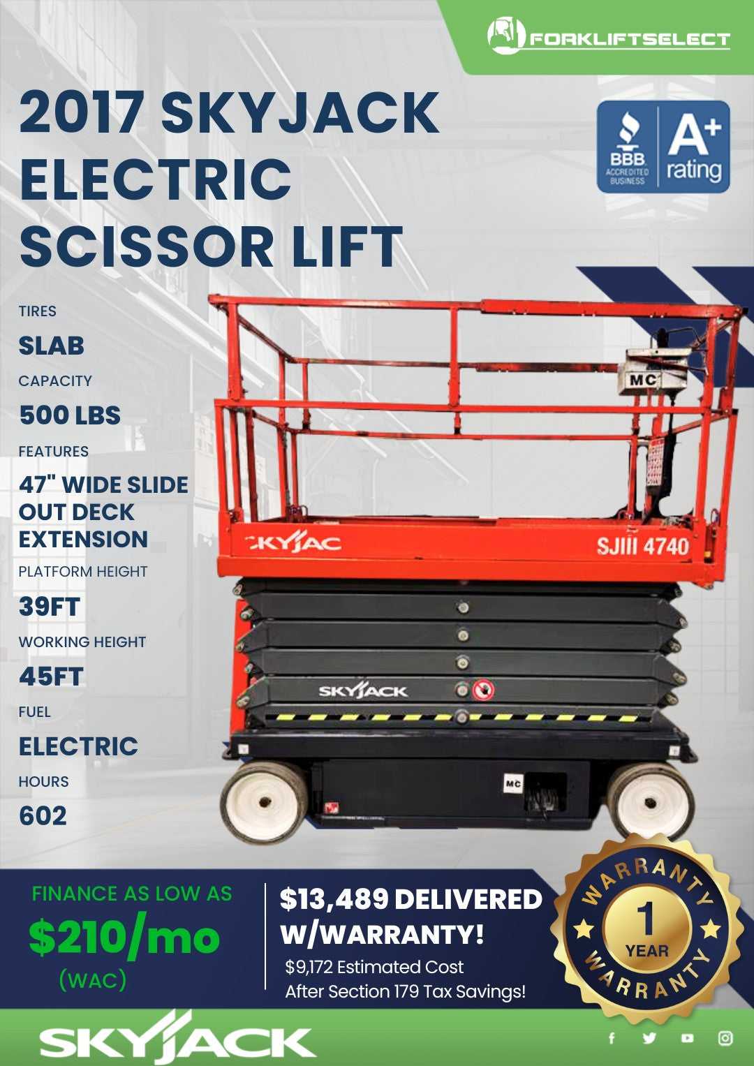 2017 Skyjack 0.5K Cushion Tire Forklift