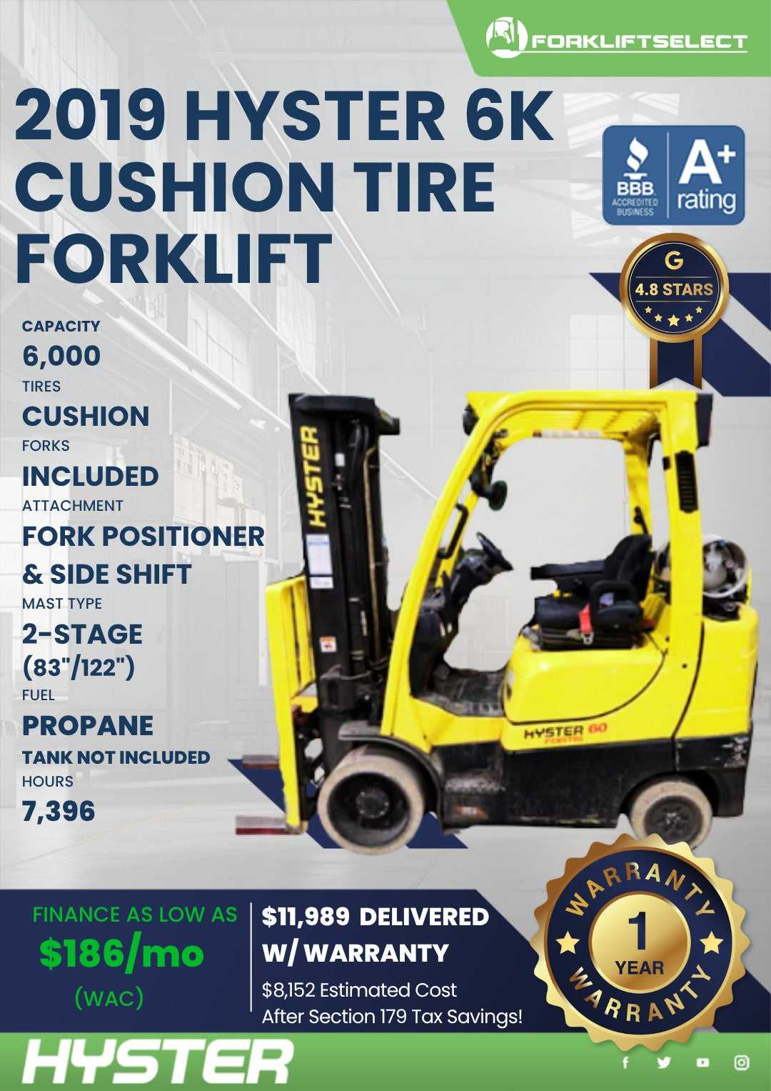 2019 Hyster 6K Cushion Tire Forklif...