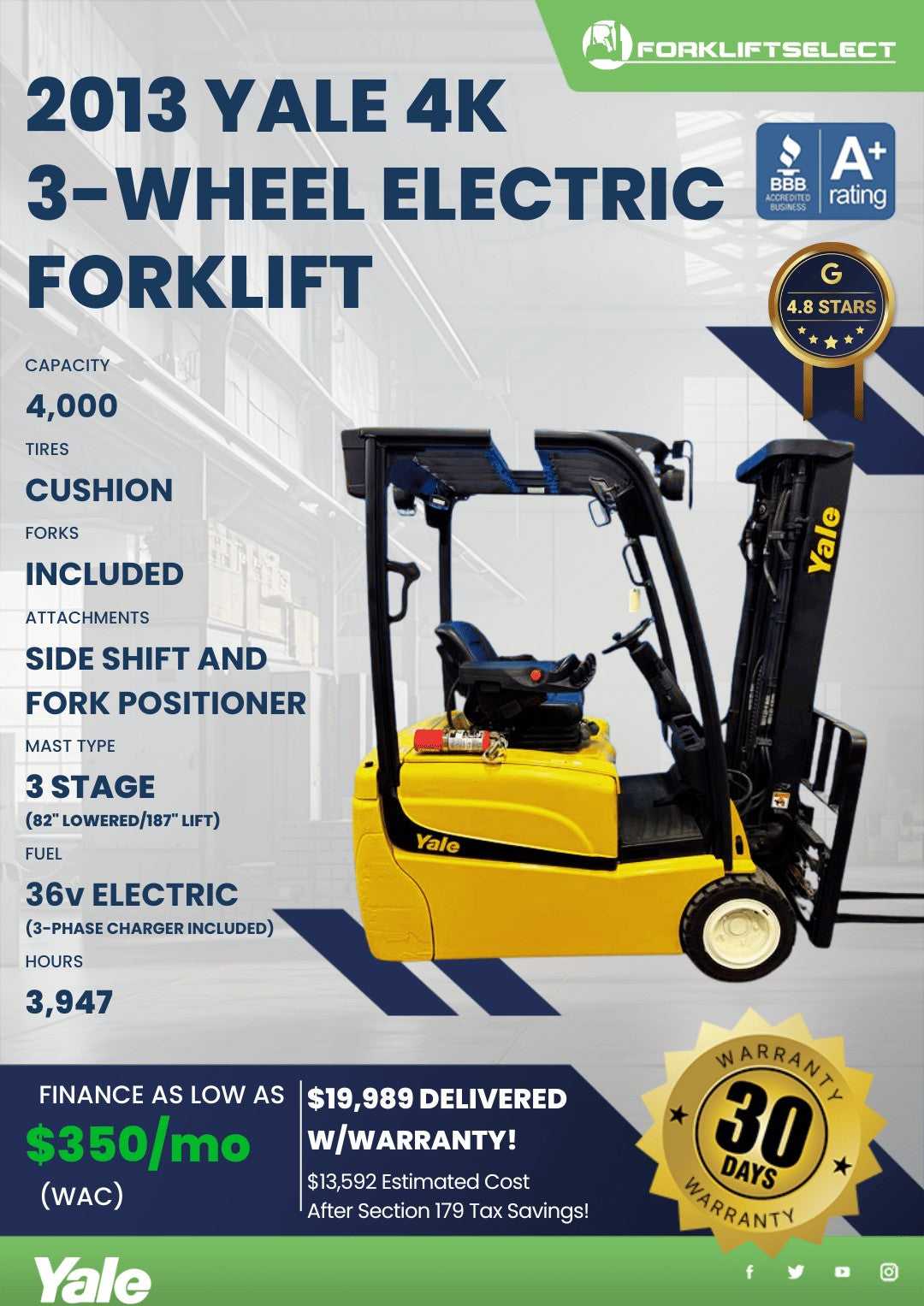 2013 Yale 4K Cushion Tire Forklift