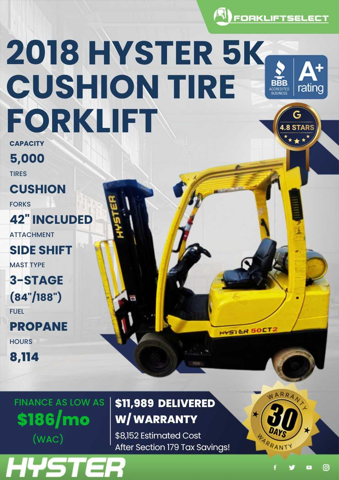 2018 Hyster 5K Cushion Tire Forklif...
