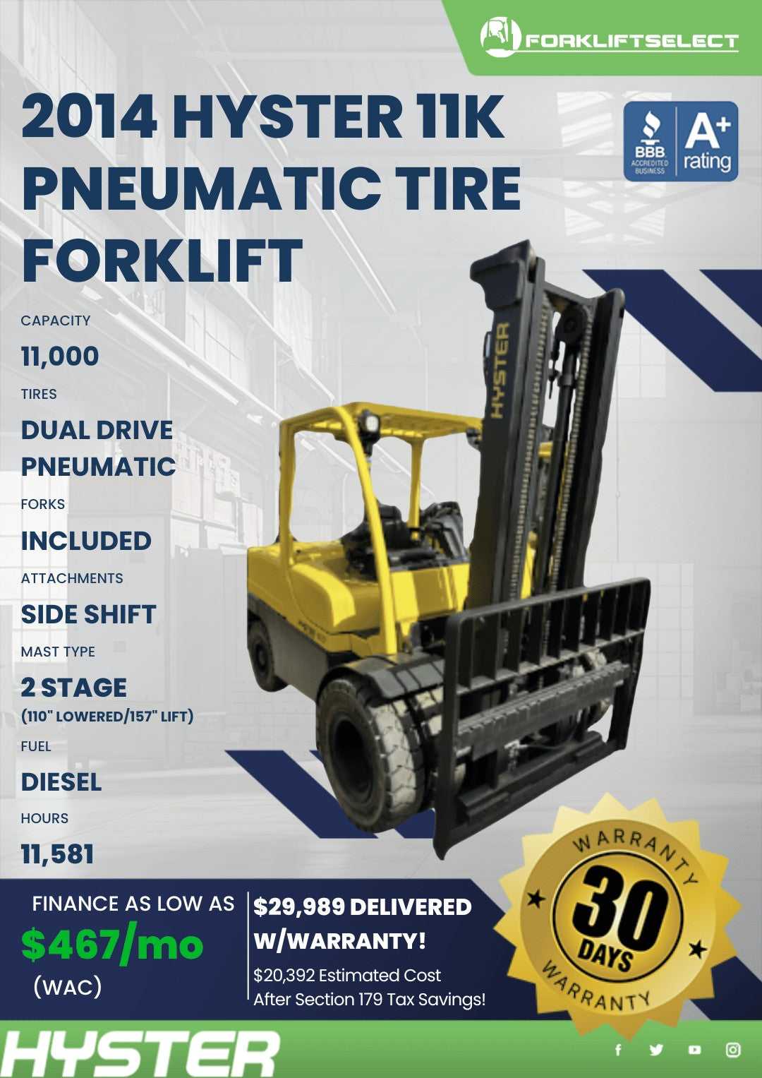 2014 Hyster 11K Pneumatic Tire Fork...