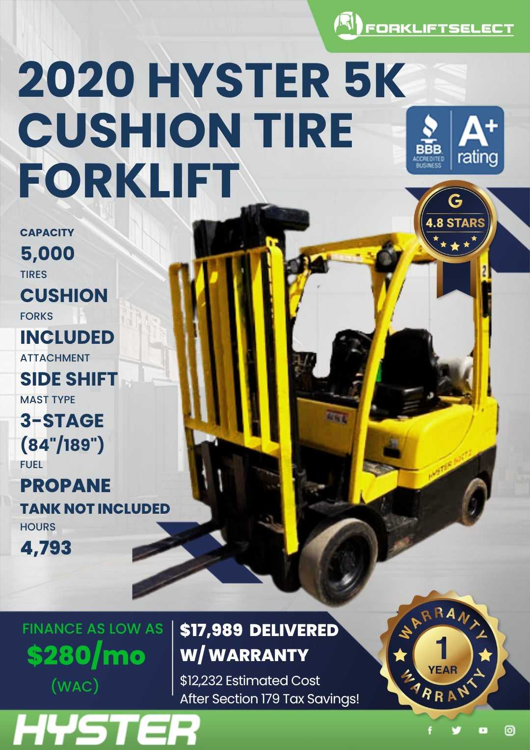 2020 Hyster 5K Cushion Tire Forklif...