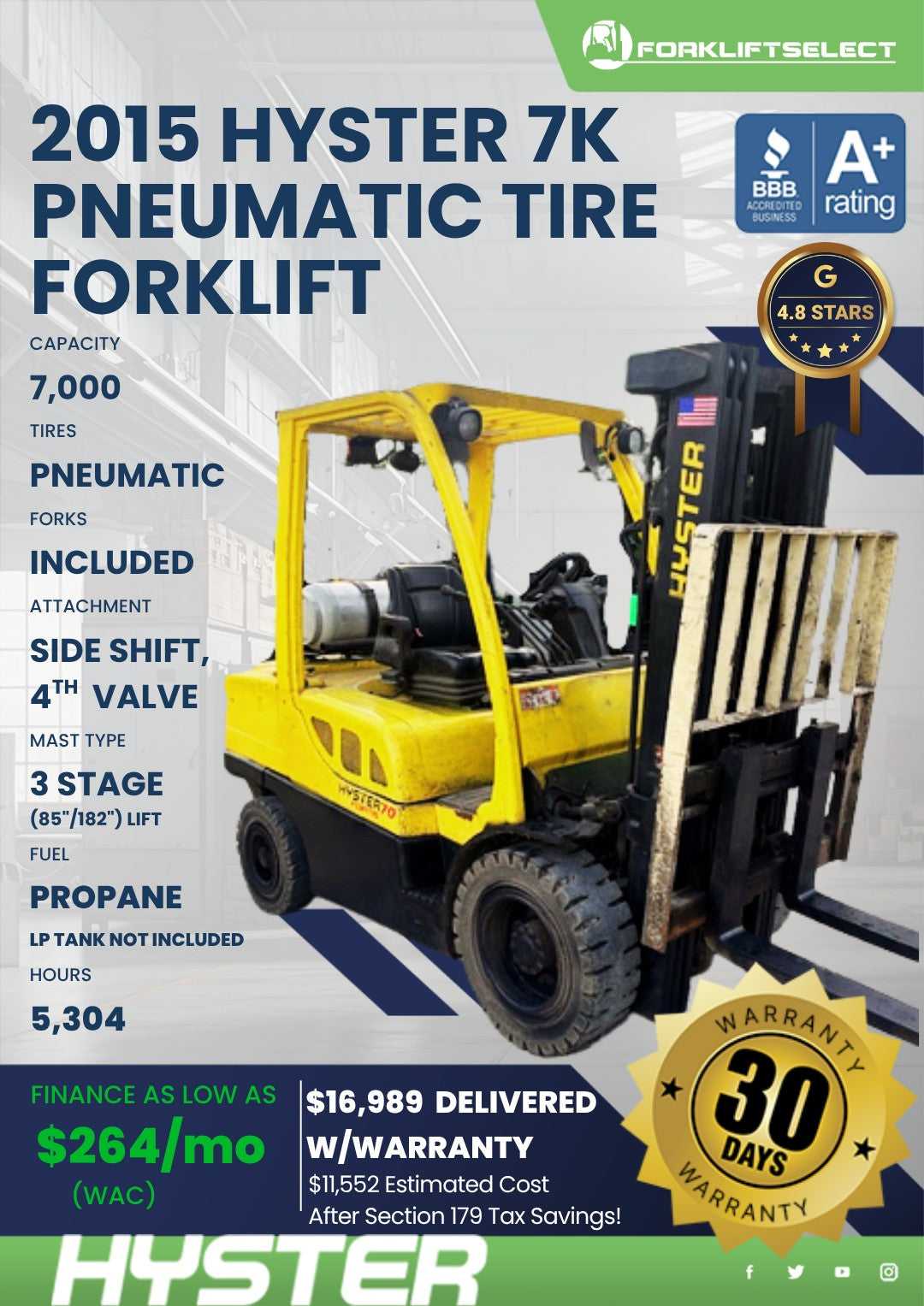 2015 Hyster 7K Pneumatic Tire Forkl...