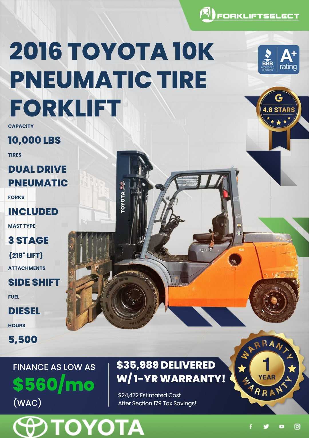 2016 Toyota 10K Pneumatic Tire Fork...