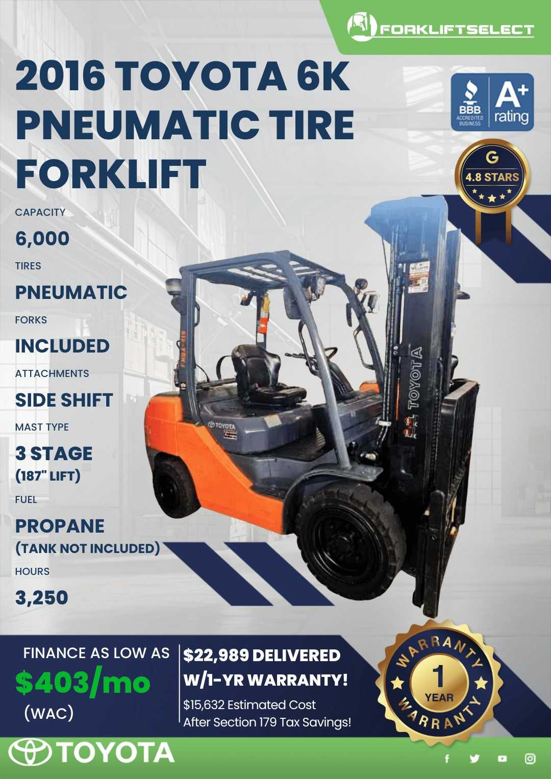 2016 Toyota 6K Pneumatic Tire Forkl...